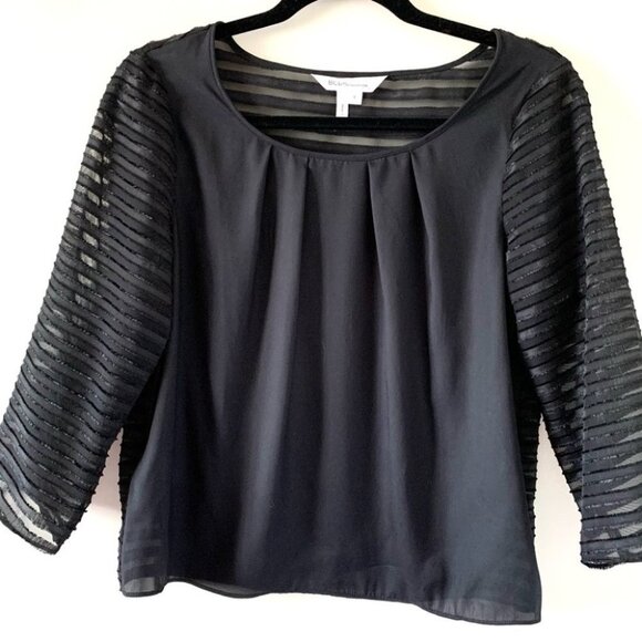 BCBG Women’s Blouse Sheer Striped Sleeve Top 3/4 Length Sleeve Black Size Small - Picture 4 of 11